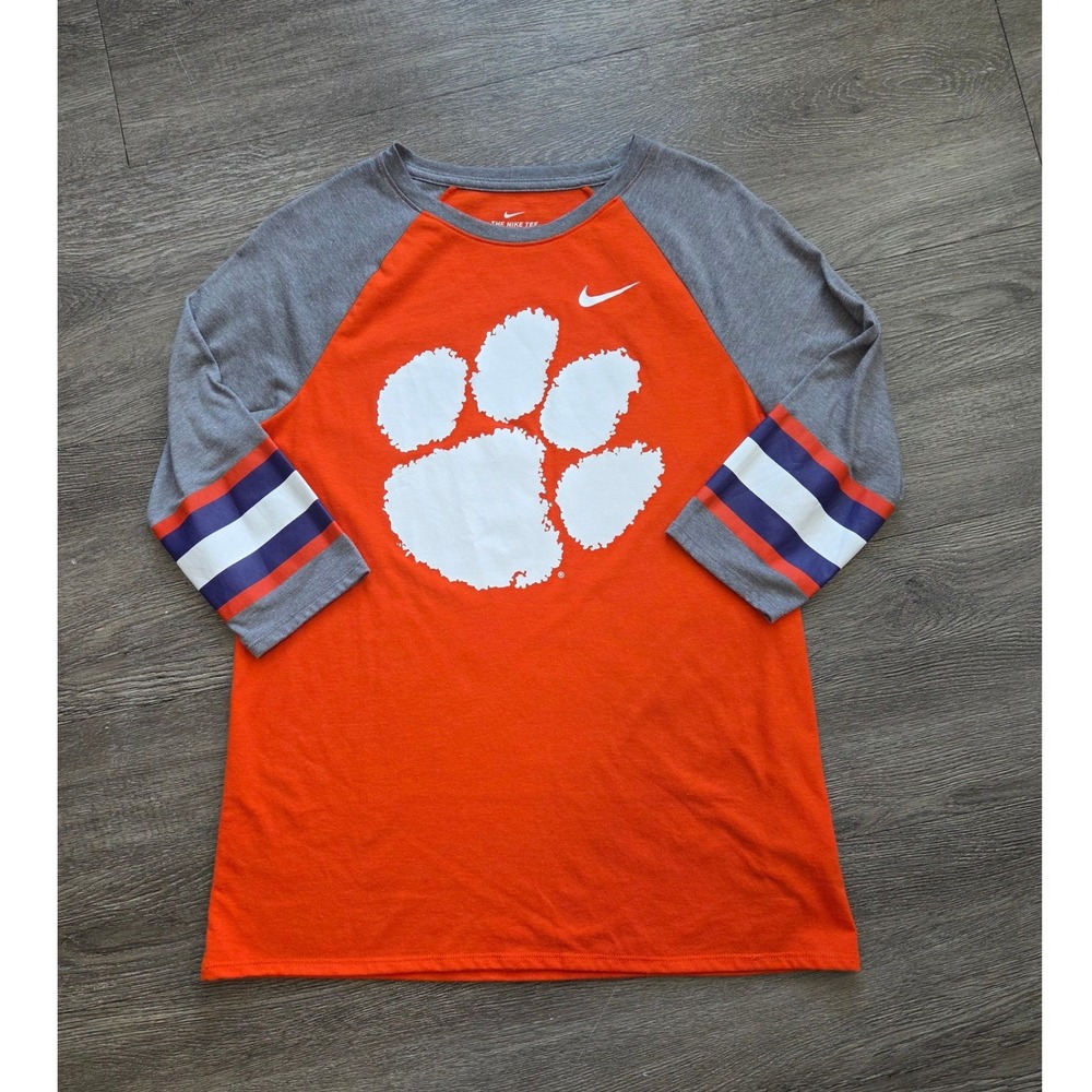 Nike Clemson Tigers T-Shirt Women Large Orange Raglan 3/4 Sleeve Paw